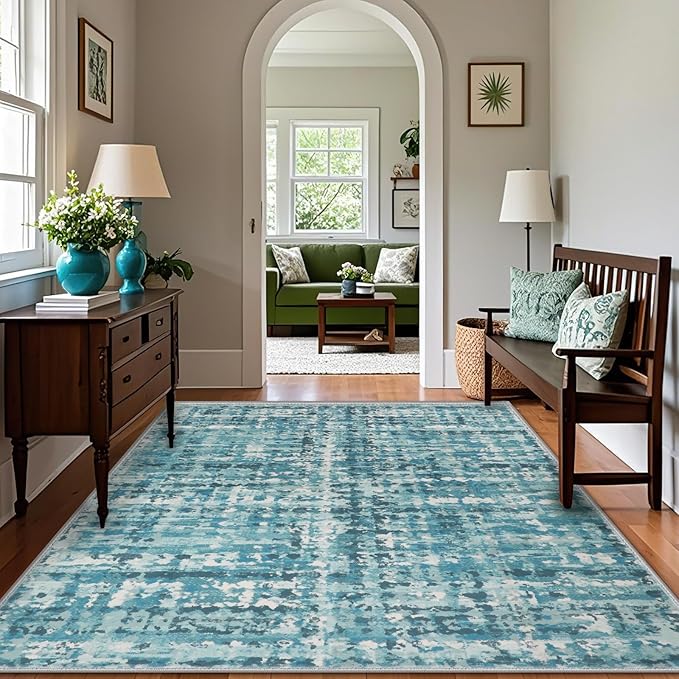 5x7 Abstract Area Rugs for Living Room, Modern Teal Blue Washable Indoor Rug for Bedroom, Thin Soft Large Non-Slip Carpet for Dining Room Home Office Farmhouse Decor