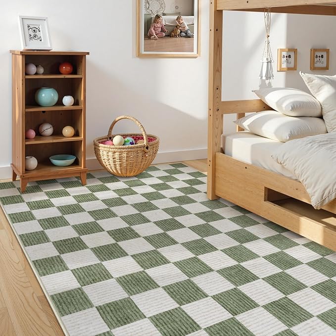 LIVEBOX Machine Washable Area Rug 6x9 Checkered, Non Slip Soft Large Bedroom Living Room Rug Farmhouse Neutral Classic Geometric Pattern Boys Rug, Indoor Carpet for Den Dorm Playroom(Sage Green,6'x9')