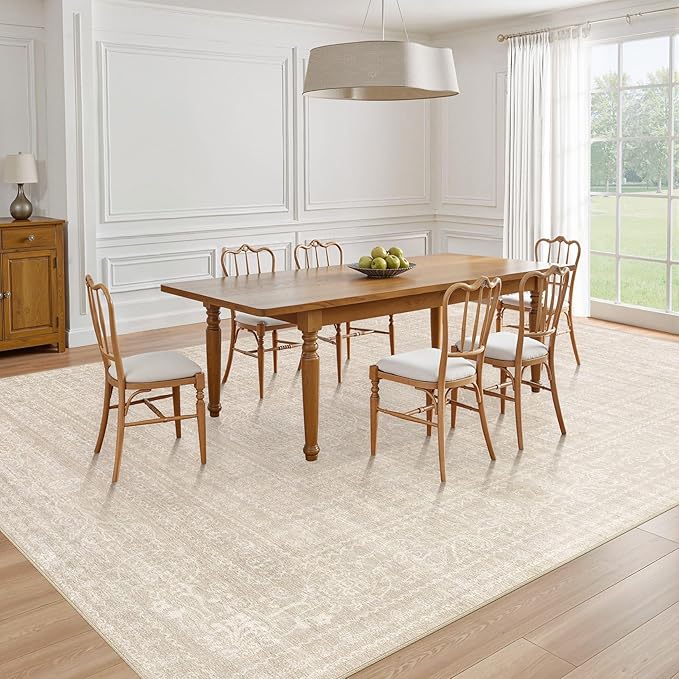 10x12 Area Rug Living Room: Washable Large Vintage Beige Rugs Neutral Non-Slip Soft Stain Resistant Indoor Carpet for Bedroom Nursery Dining Room Under Table Bed Home House Office Playroom