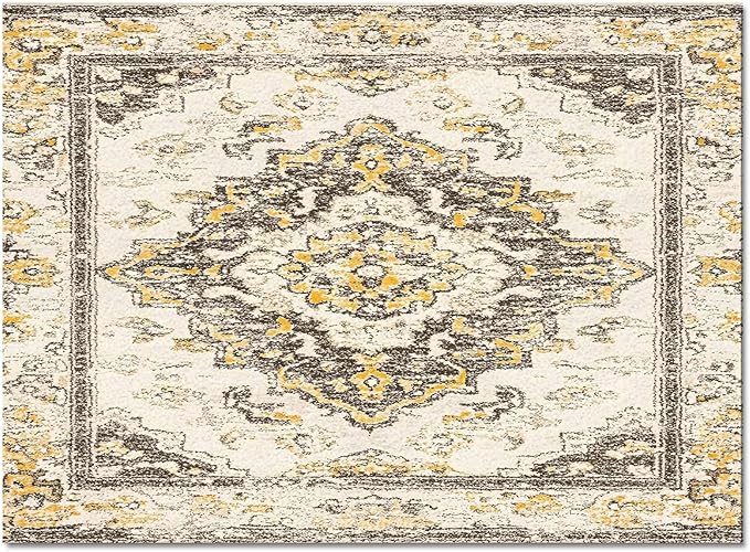 Bohemian Pattern Rectangular Area Rugs for Living Room Bedroom 5 x 6.9 ft Brown & Yellow Abstract Non-Shedding Soft Low Pile Rug Non Slip Washable Rug for Nursery Entryway Playroom