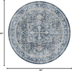 RUGGABLE Washable Vintage Area Rug – Kamran Admiral Blue 8 ft Round, Stain-Resistant, Non-Slip – Large Machine Washable Rugs for Living Room, Bedroom, Hallway, Entryway & Office–with Standard Pad