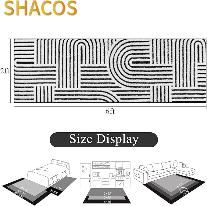 SHACOS Soft Cozy Fluffy Arch Pattern High Low Pile Runner Rugs 2'x6' Non Slip Washable Rug Runners Modern Geometric Arc Carpet for Bedroom Bathroom Hallway, Black White