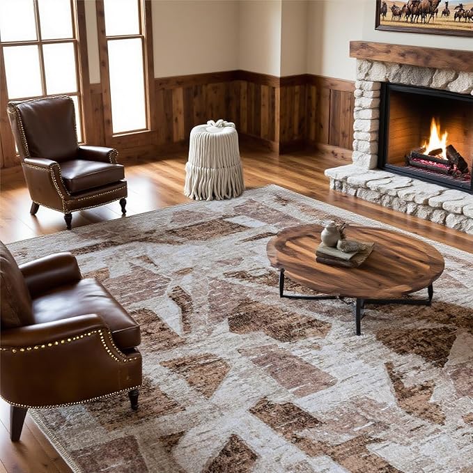 8X10 Area Rugs for Living Room Bedroom,Modern Abstract Large Carpet Washable Rugs 8x10 for Dining Room Office,Non Slip Brown Print Faux Wool Thin 8 by 10 Indoor Nursery Kids Home Pet & Child Friendly