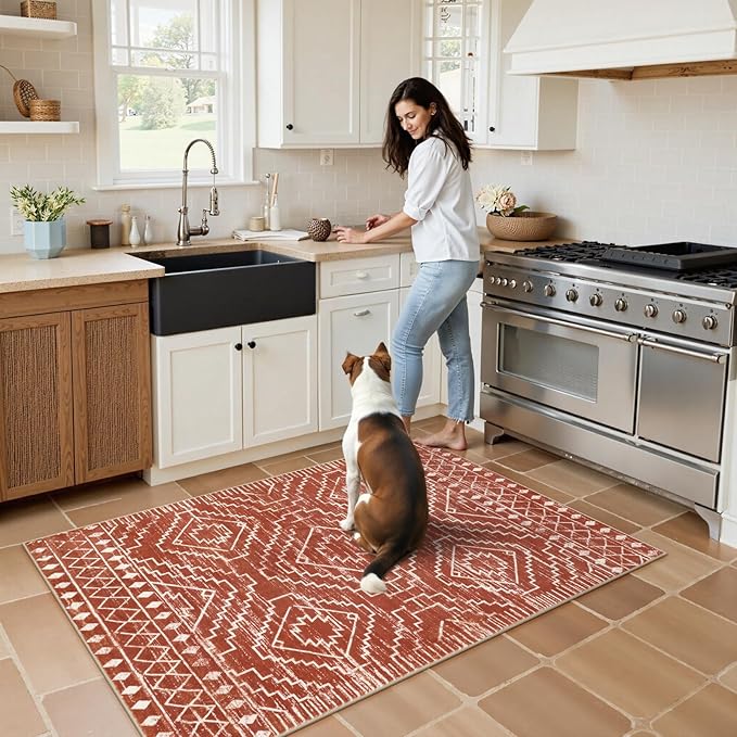 Wonnitar Moroccan Washable Area Rug, 3x5 Non-Slip Rugs for Living Room, Geometric Tribal Kitchen Entry Throw Mat, Soft Low Pile Non-Shedding Carpet for Bedroom Apartment Dorm (Brown,3'x5')