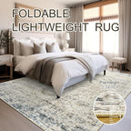 5x7 Area Rugs Blue Ivory Low Pile Indoor Washable Trendy Faded Style Rugs for Bedroom Living Room Dining Room Foldable Non-Slip Thin Print Mat