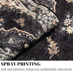 MUJOO Black Round Rug 9ft,Large Circle Washable Area Rugs for Bedroom Living Room Bathroom,Boho Non Slip Circular Carpet,Floral