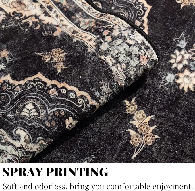 MUJOO Black Rug 6'x9',Washable Area Rugs for Living Room Bedroom Dining Room, Large Boho Vintage Farmhouse Distressed Non Slip Carpet,Floral Flowers