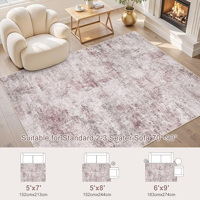 6x9 Area Rug Living Room Rugs - Washable Neutral Modern Abstract Soft Thin Large Rug Indoor Floor No Slip Rug Carpet for Bedroom Under Dining Table Home Office Decor - Pink
