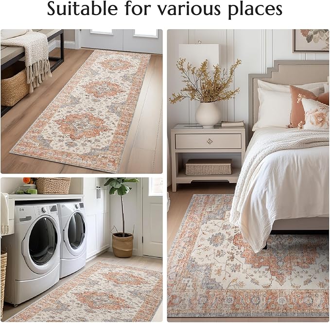 jinchan Runner Rug 3x10 Vintage Hallway Runner Boho Washable Rug Floral Medallion Retro Non Slip Classic Thin Soft Carpet for Kitchen Bedroom Bathroom Laundry Room Doorway Brick Red