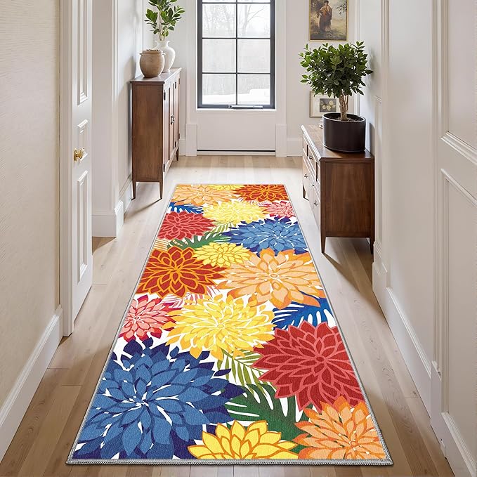 Colorful 2x6 Washable Runner Rug for Hallway Tropical Botanical Modern Floral Chenille Kitchen Rugs Low Pile Non Slip Carpet for Patio, Bedroom, Laundry, Rainbow
