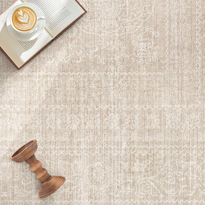 10x14 Area Rugs Living Room: Washable Large Vintage Beige Rug Neutral Non-Slip Soft Stain Resistant Indoor Carpet for Bedroom Nursery Dining Room Under Table Bed Home House Office Playroom