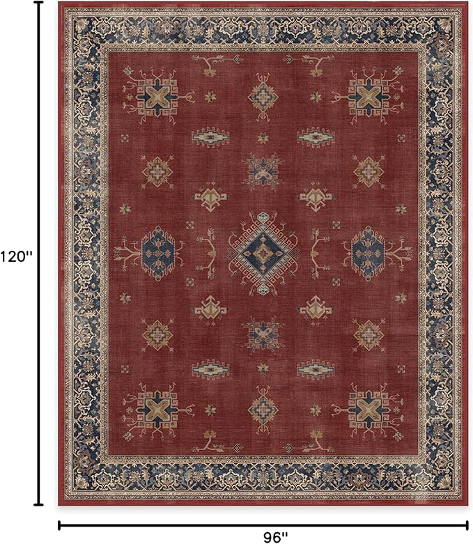 RUGGABLE Washable Vintage Area Rug – Verena Amber Red 8x10, Stain-Resistant, Non-Slip – Large Machine Washable Rugs for Living Room, Bedroom, Hallway, Entryway & Office–with Standard Pad