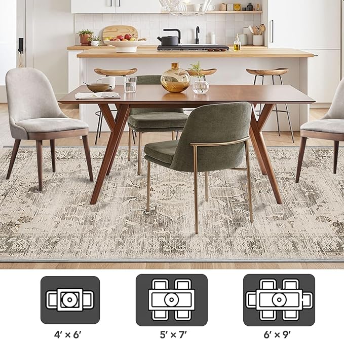 Washable Area Rugs for Living Room 5’x7’ Non Slip Low Pile Area Rugs for Bedroom Dining Foldable Vintage Carpets