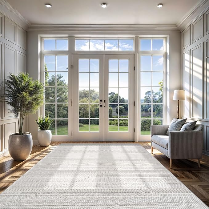 CAMILSON Micro Loop Rug 10x14 Modern Luxury Geometric Pattern Large Area Rugs Soft High and Low Pile Stain Resistant Easy-Cleaning Non-Shedding for Living Room Office Indoor Carpet (10 x 14 / White)