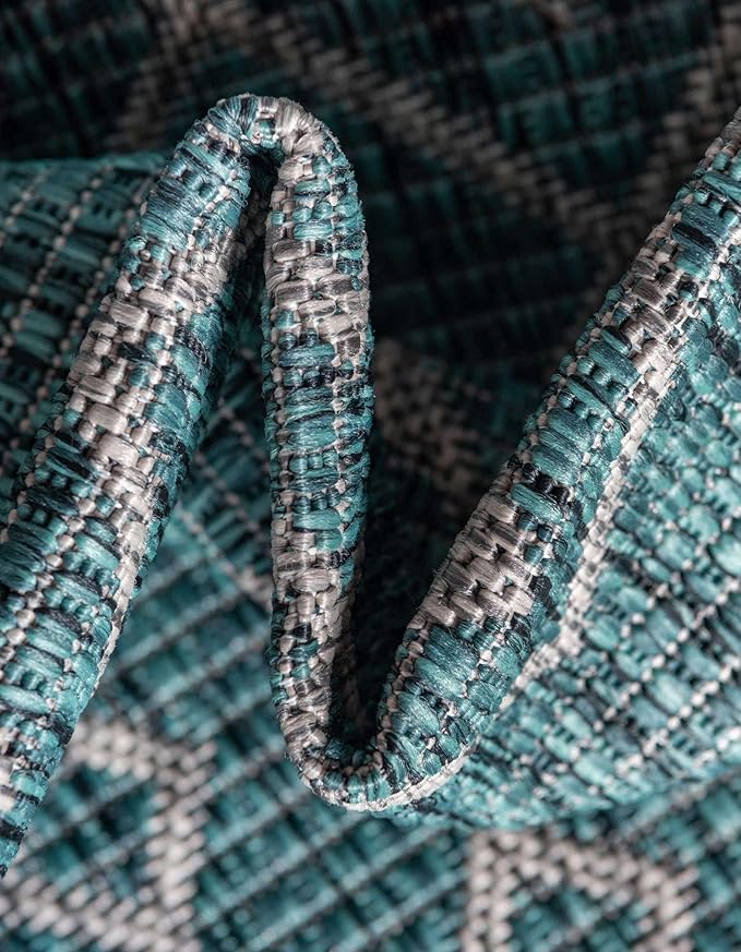 Unique Loom Outdoor Trellis Collection Area Rug - Tribal Trellis (6' 1" Square Teal/Ivory)