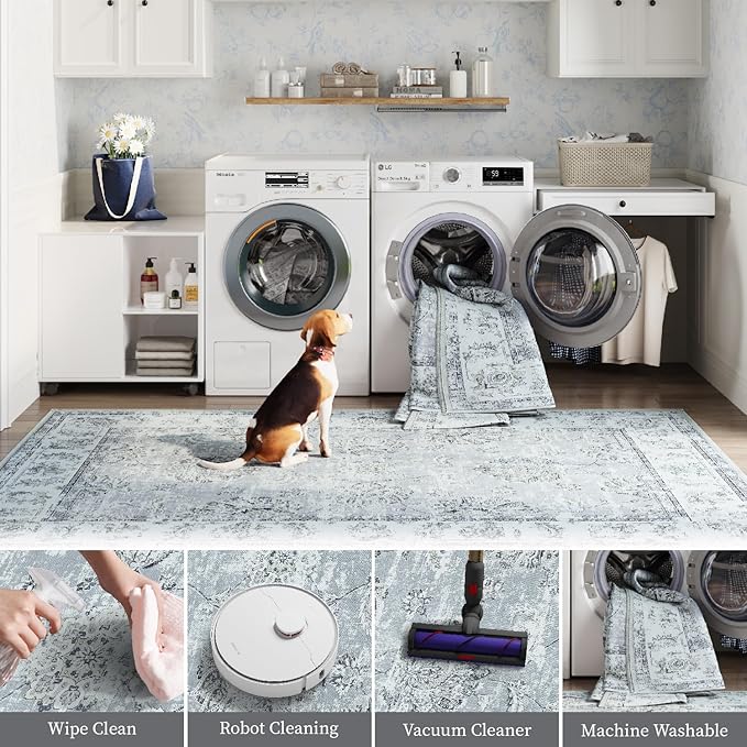 jinchan Fiora 6x9 Area Rug for Living Room Washable Soft Throw Rug Ultra-Thin Stain Resistant Non-Slip Distressed Vintage Floral Large Carpet for Bedroom Dining Room Home Office Nursery(6x9ft, Grey)