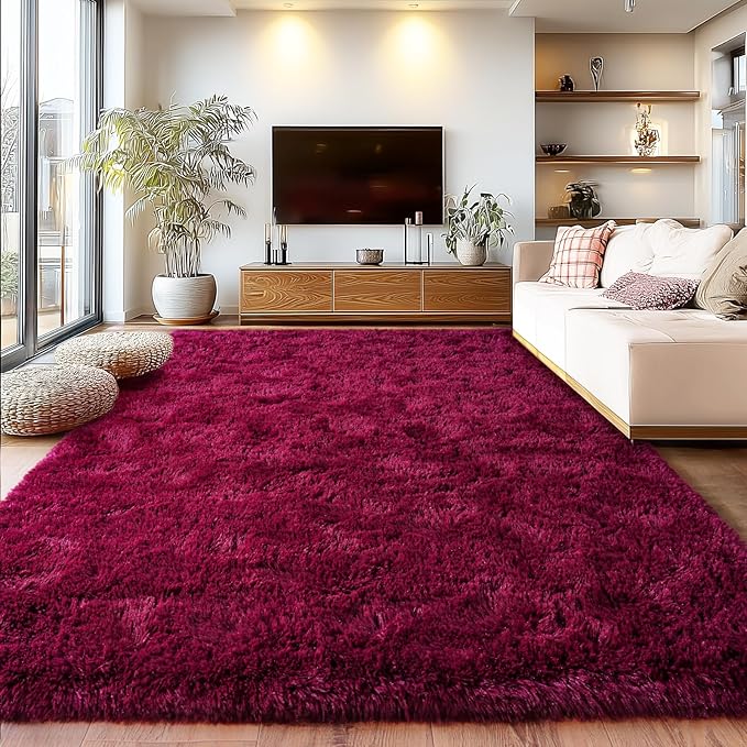 Burgundy Plush Rug for Living Room Fuzzy Carpet for Bedroom Dorm, Non-Slip High Pile Rug, Shag Rug for Playroom Nursery Home Office Decor 5X7 Ft