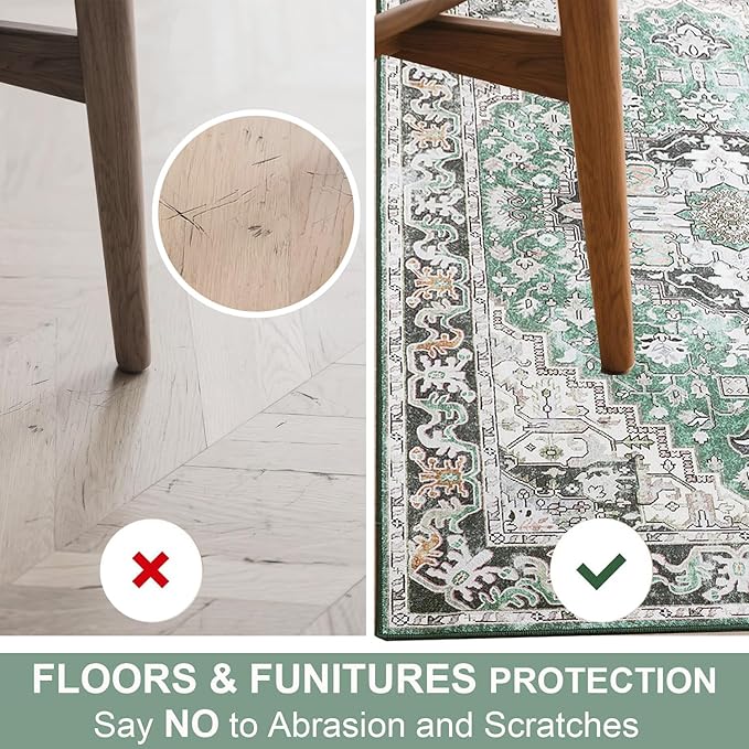 Large Area Rugs 6x9 , Washable Vintage Rugs -Low Pile, Soft Plush Rugs for Bedroom, Kitchen, Dining Room, Stain Resistance, Non Shedding & Kid & Pet Friendly, Green