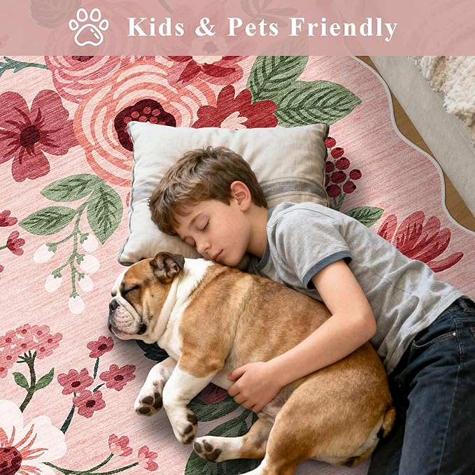 DUKINO 2x4 Washable Runner Rugs, Non Slip Floral Print Entryway Rug with Soft Low Pile, Lightweight Mat for Living Room, Bathroom, Bedroom, Kitchen, Pink