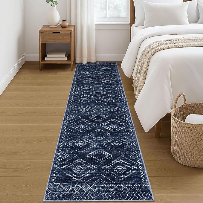 KILOCOCO Hallway Runner Rug 2x8 Runners for Hallways Washable Runner Rug Non Slip Rubber Backed Low-Pile Runners for Bedroom Kitchen Living Room Laundry Room Boho Rugs, Dark Blue