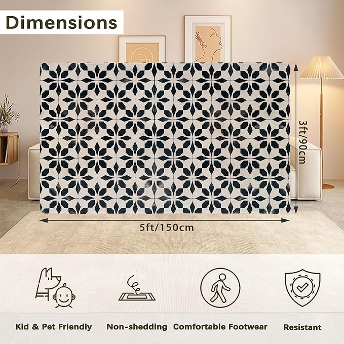 Black Beige Vintage Washable 3x5 Area Rugs for Living Room, Thin Low Pile Contemporary Carpet, Non-Slip Base Lightweight Rug