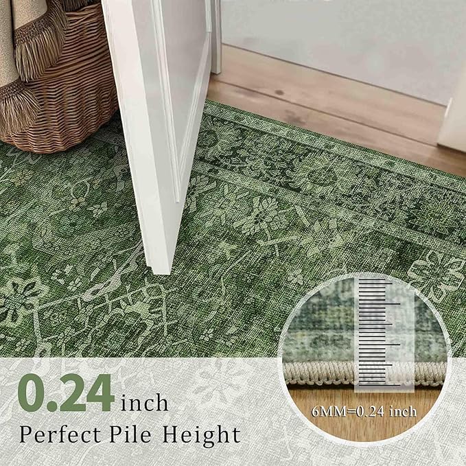 4x6 Washable Area Rug for Living Room Bedroom Dining Room Non-Slip Low Pile Boho Vintage Distressed Entryway Rug Traditional Floral Retro Accent Throw Carpet for Dining Room Bathroom Kitchen Green