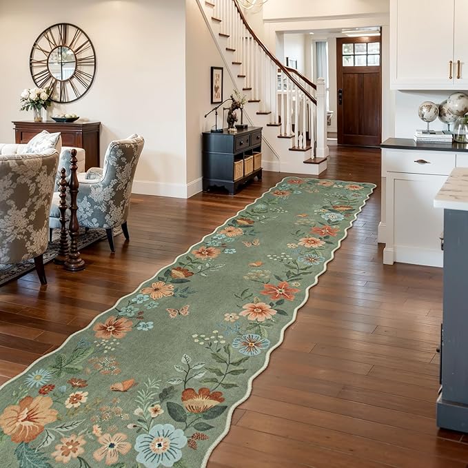 Lahome Floral Hallway Runner Rug Non Slip, 2'6''x10' Washable Runner Rug Soft Ultra-Thin Soft Kitchen Runners for Hallways, Distressed Carpet for Entryway Bathroom(Green)