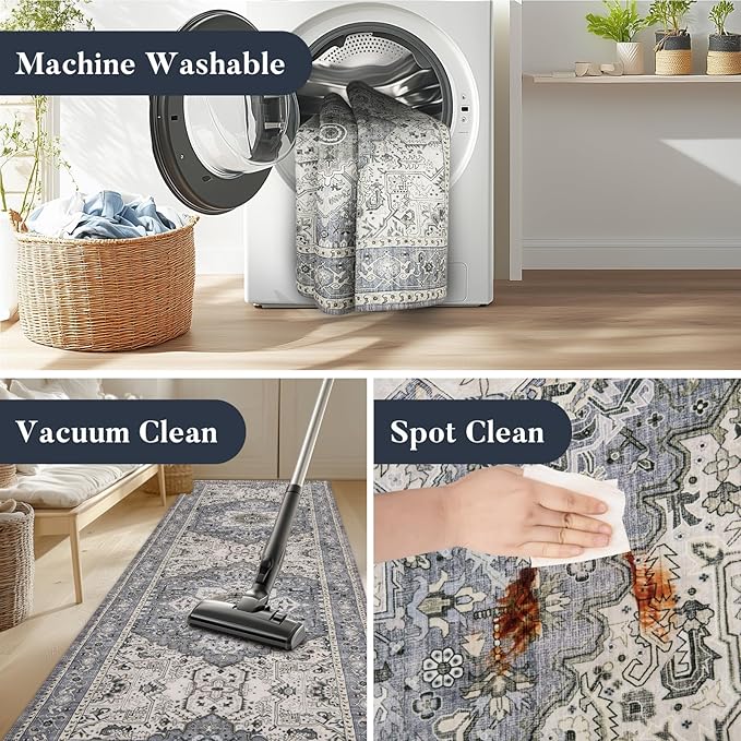 PURRUGS Vintage Farmhouse Boho Runner Rug 2'6" x 8', Non-Slip Machine Washable Rug, Accent Area Rug for Kitchen, Hallway, Entryway, Bedroom, Living Room and Dining Room, Periwinkle Gray/Soft Ivory