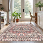 KOZYFLY Boho Area Rug 5x7 Ft Thin Washable Rugs for Living Room Faux Wool Throw Carpet Printed Non Slip Rug for Entryway Bedroom Dining Room Living Space, Terracotta/Beige