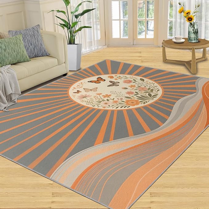 Boho Sun Area Rugs 5x8ft, Minimalist Line Living Room Carpet, Geometric Solar Decorative Carpet Protect Floor for Bedroom Men Office Hardwood Floors