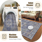 Washable Area Rug 6' x 9' Vintage Traditional Persian Mat - Foldable Distressed Non-Slip Machine Washable Carpet for Living Room Bedroom Kitchen Home Decor - Indigo and Gold