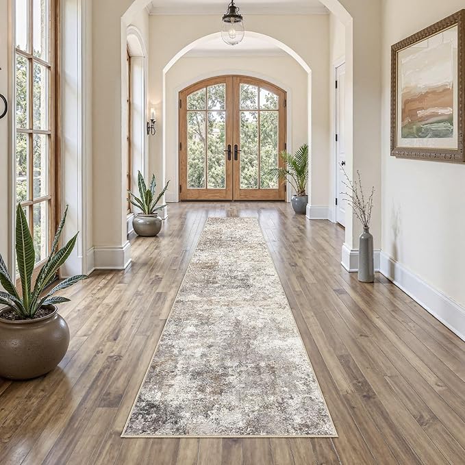 2X10 Washable Runner Rug for Hallway: Soft Neutral Modern Abstract Area Rug - Non-Slip Low Pile Long Throw Indoor Carpet for Kitchen Entryway Kitchen Bedroom Laundry - Brown Grey
