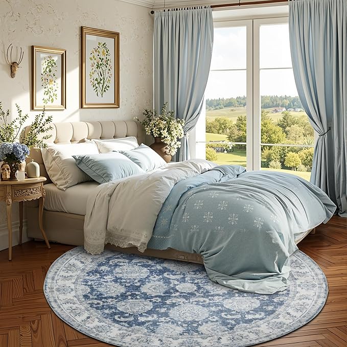 jinchan Fiora Round Rug 6ft Area Rug - Dark Blue Vintage Floor Mat Indoor Ultra-Thin Soft Floral Print - Washable Circle 6' Retro Accent for Farmhouse Non Slip Dining Room Living Room Bedroom Office
