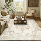 jinchan Vintage Floral 8x10 Area Rugs for Living Room - Machine Washable Distressed Design Soft Throw Rug Thin Non-Slip Large Carpet for Bedroom Nursery Dining Room Home Office (8x10ft,Light Grey)