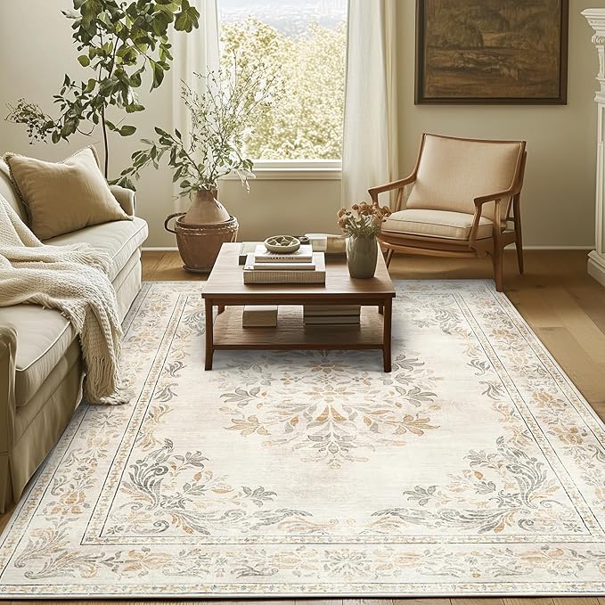 jinchan Vintage Floral 4x6 Area Rugs - Machine Washable Distressed Design Soft Ultra-Thin Low-Pile Non-Slip Carpet for Entryway Kitchen Bedroom Nursery Living Room Dining Room (4x6ft, Light Grey)