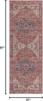 Bloom Rugs Washable 7 ft Runner - Red/Orange/Beige Traditional Runner for Entryway, Hallway, Bathroom, and Kitchen - Exact Size: 2.5' x 7'