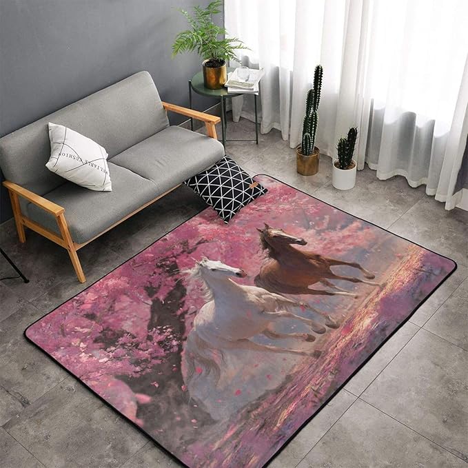 Galloping Horse Cherry Blossom Area Rug Washable Outdoor Rugs Anti-Slip Soft Carpet Entryway Indoor Door Mat for Bedroom,Living Room,Porch,Terrace and Entrance Decor 2'x 1.4'