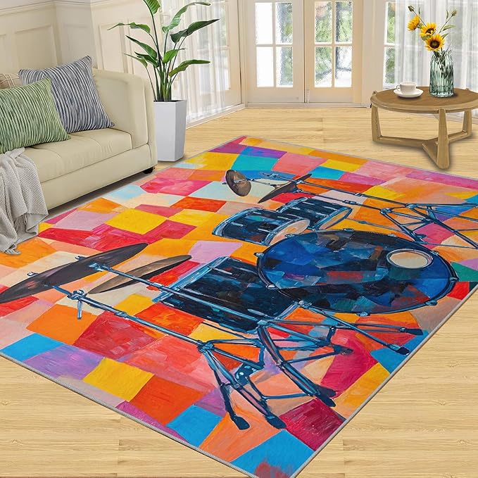 6x9 Drum Set Living Room Rug - Abstract Art Bedroom Carpet, Pop Art Classroom Rug for Carpet Boy Bedroom Office Nursery Hardwood Home Decor
