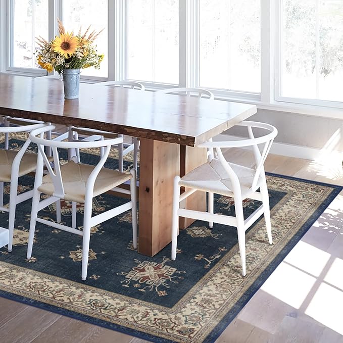 RUGGABLE Washable Vintage Area Rug – Verena Sapphire 5x7, Stain-Resistant, Non-Slip – Medium Machine Washable Rugs for Living Room, Bedroom, Hallway, Entryway & Office–with Cushioned Pad