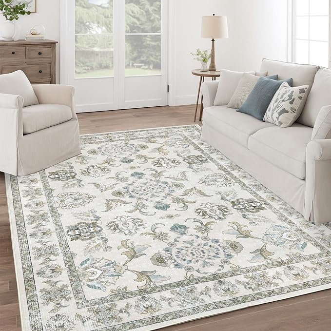 6x9 Washable Area Rugs Beige and Sage Green Vintage Boho Floral Farmhouse Rug for Living Room Bedroom, Non Slip Low Pile Carpet