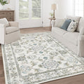 6x9 Washable Area Rugs Beige and Sage Green Vintage Boho Floral Farmhouse Rug for Living Room Bedroom, Non Slip Low Pile Carpet