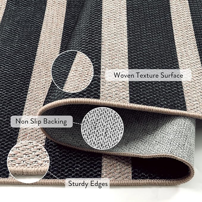 Lahome Striped Easy Jute Indoor Outdoor Rug, Washable Rugs 5x7 for Patio Living Room, Farmhouse Neutral Non Slip Non Shedding Black Carpet for Deck Entryway Dining Room Office Classroom