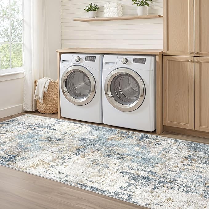 Runner Rug Non Slip Rugs: 3x8 Hallway Kitchen Washable Abstract Soft Modern Stain Resistant Indoor Floor Neutral Accent Throw Carpet for Bathroom Laundry Room Entryway Bedroom- Blue
