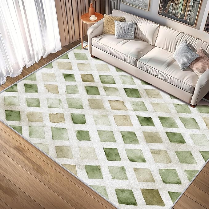 Checkered Rug, Washable 5x6 Rug for Living Room, Geometric Rhombus Patterned Indoor Carpet, Checkered Decor for Home, Bedroom, Soft Non Slip Thin Design FER37