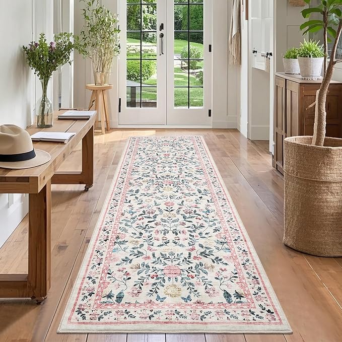 GarveeHome Washable Runner Rug 2.5 x 8 Non-Slip Non-Shedding Soft Vintage Bedside Low Pile Farmhouse Floral Carpet, Indoor Foldable Printed Entryway Rug for Hallway Kitchen, Pink