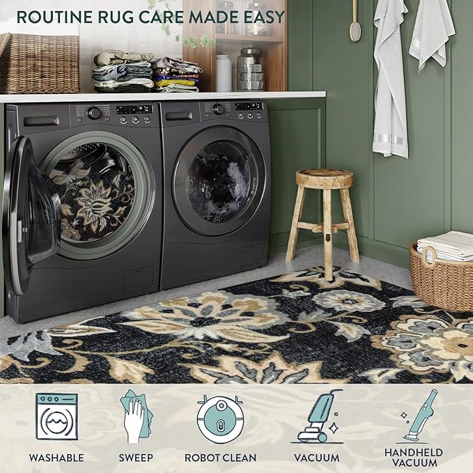 Lahome Floral Black Rug Runner - Runner Rug for Hallway 2x10 Non-Slip Stain Resistant Washable Runner Rugs for Kitchen Floor, Paisley Print Accent Ultra-Thin Carpet Runners for Bedroom Foyer Entryway