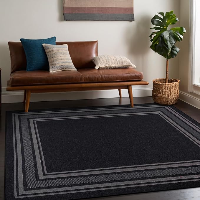 Beverly Rug Non Slip Area Rugs 3x5 Modern Bordered Non Skid Rubber Backing Soft Area Rug for Living Dining Room Easy to Clean Non Shedding Kitchen Bedroom Indoor Carpet 3 x 5 Black