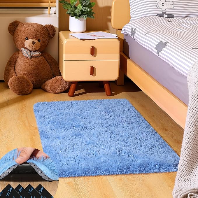 2x3 Blue Rugs for Bedroom Living Room, Fluffy Small Area Rug Soft Shag Carpet for Kids Boys and Girls Room with 4 Rugs Non-Slip Stickers Dorm Home Decor (2ft x 3ft)