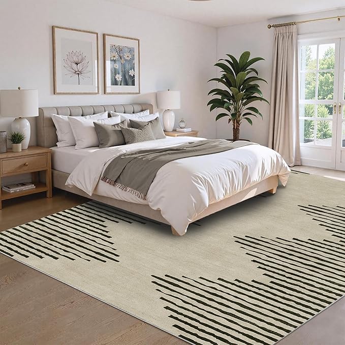 HelloTree Area Rug for Living Room 9x12 Washable Geometric Moroccan Rug Stripe Farmhouse Bohemian Minimalistic Non Slip Non Shedding Ultra Thin Soft Rug for Bedroom Office DiningRoom Nursery-Cream