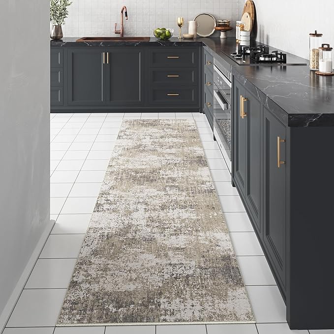 Modern Abstract Beige Gray Area Rug 2x8 Hallway Runner Machine Washable Carpet Bathroom Kitchen Indoor Accent Throw Low Pile Non Slip Distressed Laundry Living Dining Room Bedroom Office